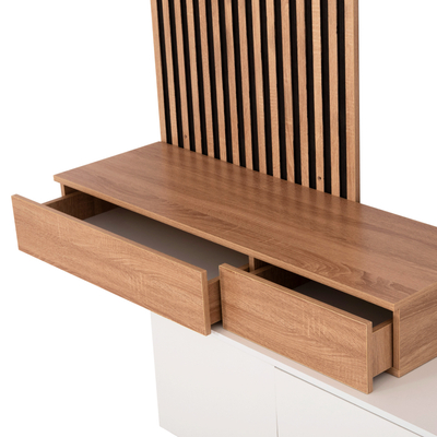 Set mobilje TV Dort HM18076.01, melaminë 249.5cm, me rafte muri, sonoma e bardhë