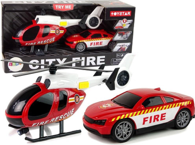 Set lodrash LEANToys City Fire, helikopter dhe veturë zjarrfikëse, plastikë, të kuqe