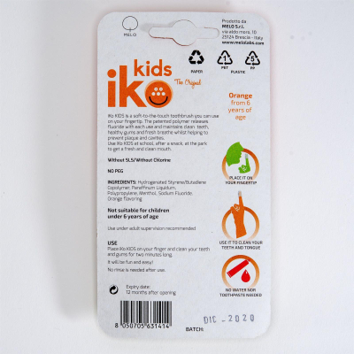 Furçë dhëmbësh gishti për fëmijë Iko Kids Pocket, pa ujë e pastë, 100 përdorime, portokalli