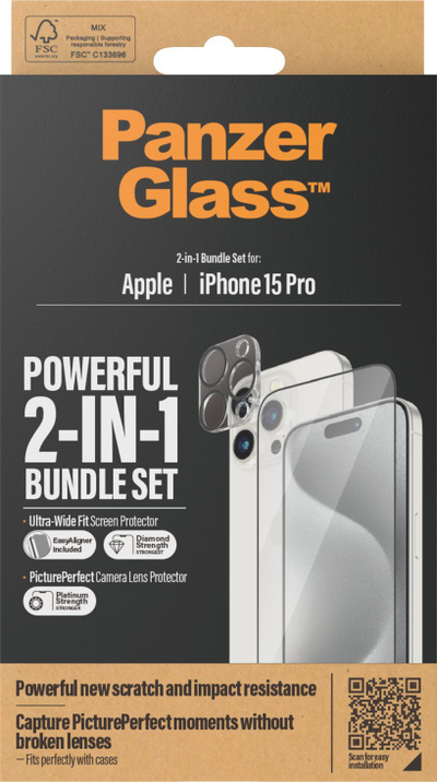Mbrojtës ekrani PanzerGlass 2‑in‑1 për iPhone 15 Pro, Ultra‑Wide Fit, EasyAligner, transparent