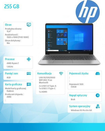 Laptop HP 255 G8 (3V5E9EA), 15.6", Full HD, AMD Ryzen 7 5700U, 8GB RAM, 512GB SSD, Windows 10 Pro, i hirtë