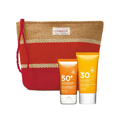 Set Krem kundër diellit 50 ml + Krem kundër diellit 75 ml + Çantë kozmetike Clarins
