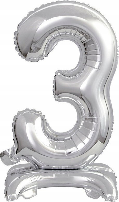 Balon dekorativ mini me numër 3 në qëndrim, 22x40 cm, argjend metalik