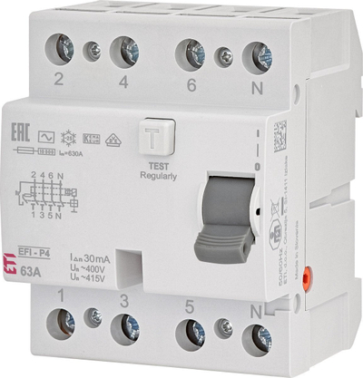 Диференцијален прекинувач ETI EFI P4, 3P 63A, 10kA 30mA, бел