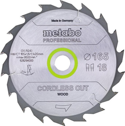 Teh rrethor Metabo Cordless Cut Wood 628294000, 165mm, 18 dhembë