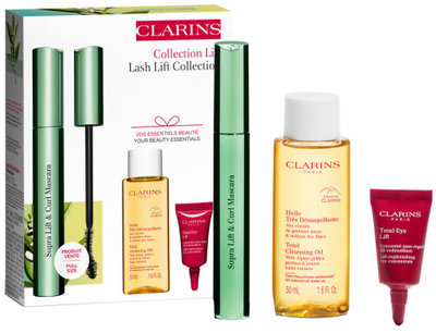 Set për sy dhe qerpikë Clarins Supra Lift And Curl Mascara, maskarë 8 ml + vaj pastrues 50 ml + krem për sy 3 ml