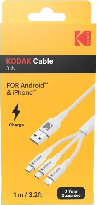Kabllo USB 3in1 Kodak SB7379, USB A në USB C microUSB Lightning, 1 m, e bardhë