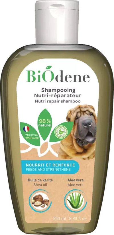 Shampó për qen Francodex Biodene Nutri Repair, 98% natyrale, me vaj karite dhe aloe vera, 250 ml