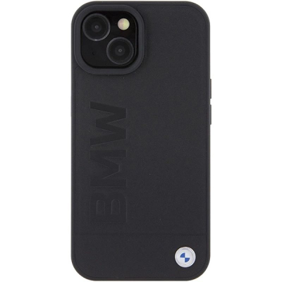 Kuti mbrojtëse BMW nga lëkura Hot Stamp për iPhone 15 Plus, 6.7", lëkurë, e zezë