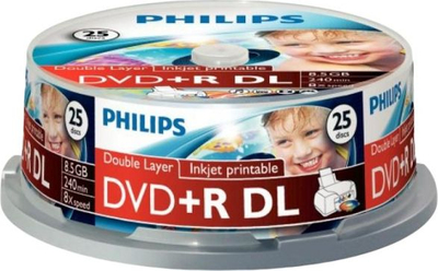 Дискови DVD+R DL Philips DR8I8B25F, 8.5GB, 4x, пакување 25 парчиња