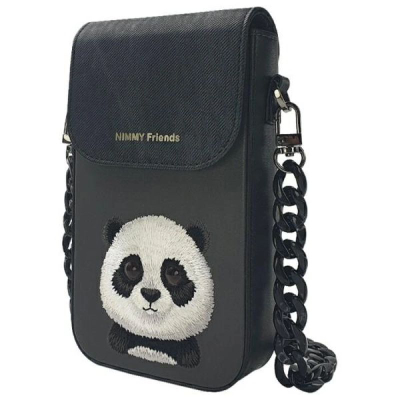 Çantë telefoni Nimmy Big Eyed Pet 2.0 Panda, me rrip zinxhir, e zezë
