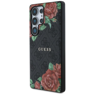 Kapak telefoni Guess Classic 4G Flowers për Samsung Galaxy S25 Ultra, lëkurë eco, MagSafe, i zi