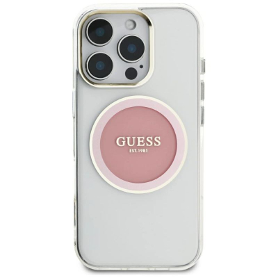 Футрола за телефон Guess IML Metal Colored Circle MagSafe, за iPhone 16 Pro Max, проѕирна, розова