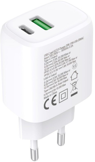 Karikues USB Techly IPW-USB-20WAC, 20W, me 2 porta USB dhe USB C, i bardhë