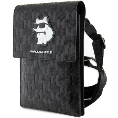 Çantë telefoni Karl Lagerfeld Saffiano Monogram Choupette, me rrip, e zezë