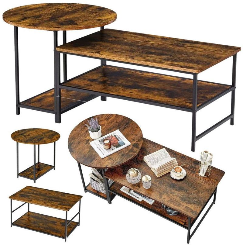 Set tavolinash kafe Vintage Rustic Wood, 2 në 1, 123x60x51cm, kornizë çeliku e zezë