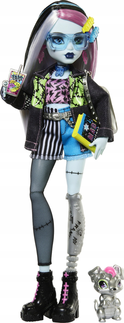 Kukull Monster High Frankie Stein, me qen lodër, shumëngjyrëshe