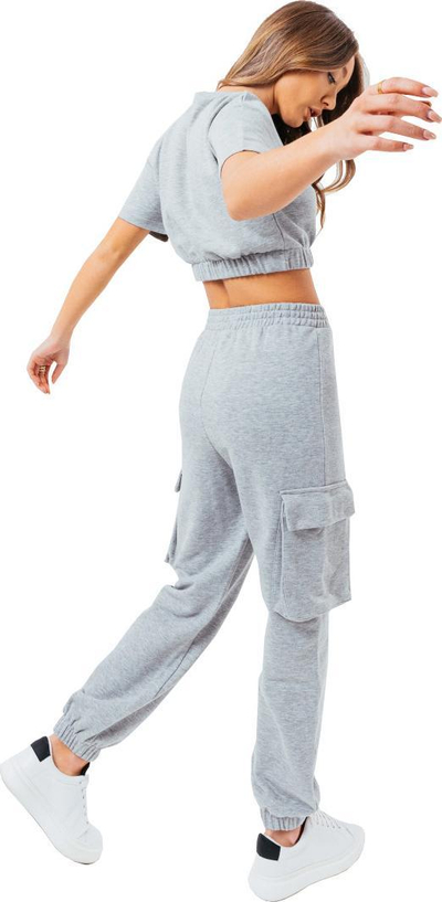 Tren tracksuit për goca Justhype LABON004, crop top me mëngë të shkurtra, joggers cargo, gri