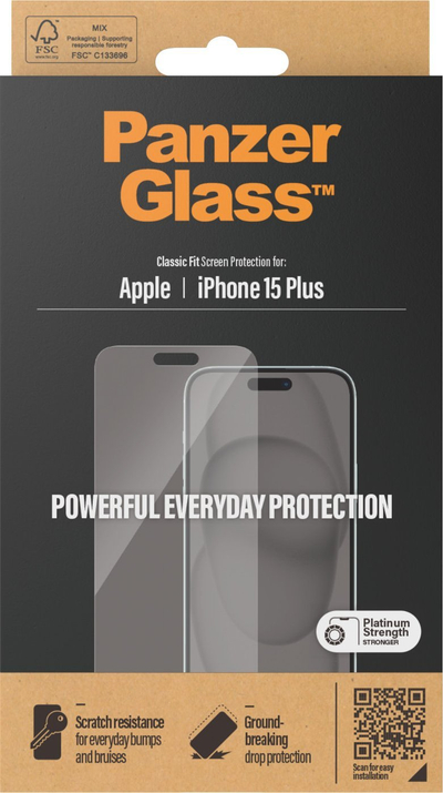 Xham mbrojtës PanzerGlass Classic Fit për iPhone 15 Plus, xham i kalitur, antibakterial, transparent