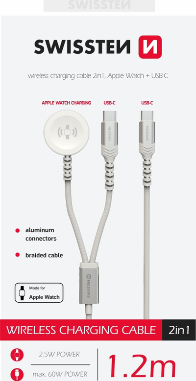 Kabllo magnetike Swissten 2n1 për Apple Watch dhe USB‑C, 1.2 m, e bardhë