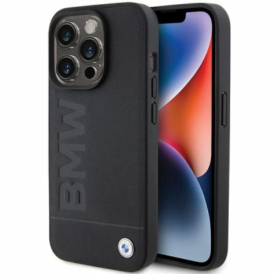 Futrollë BMW Hot Stamp Leather, për iPhone 15 Pro 6.1", lëkurë, e zezë