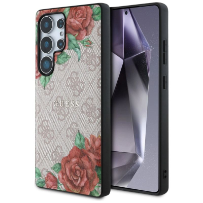 Mbrojtëse telefoni Guess Leather Flowers për Samsung Galaxy S25 Ultra, MagSafe, lëkurë me lule, rozë