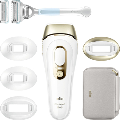Epilator IPL Braun Silk Expert Pro 5 PL5356, për trup edhe fytyrë, i bardhë me ari