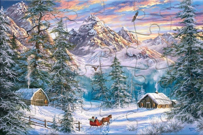Kartolinë puzzle Christmas Mountain, peizazh dimëror, motiv Krishtlindjesh, shumëngjyrëshe