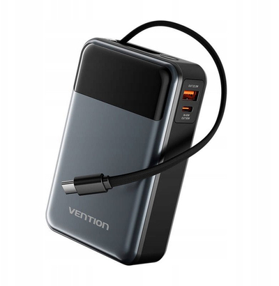 Power bank Vention Ty, 20000mAh, 65W, me kabllo USB C të integruar, me ekran LED, i zi