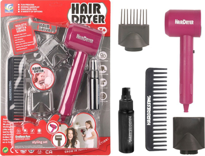 Set lodër parukerie Hair Dryer, tharëse flokësh me drita, aksesorë stilimi, rozë