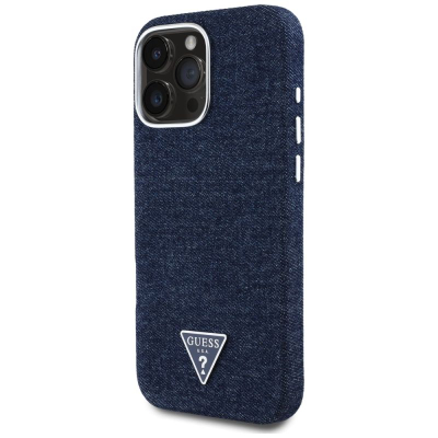 Kapak telefoni Guess Denim Triangle Logo MagSafe për iPhone 16 Pro, xhins, blu