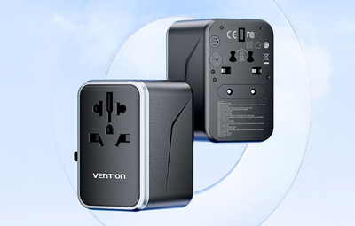 Adapter universal udhëtimi Vention GaN, 4 porta USB C dhe A, 65W, i zi
