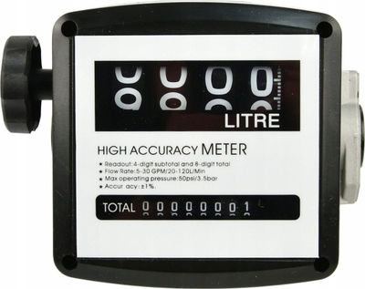 Matës karburanti Geko Oil Meter, analog 4 shifra, 20-120 L/min, i zi