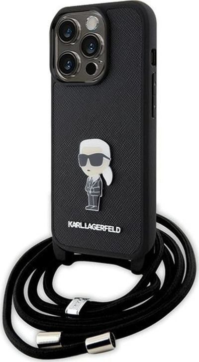 Maskë telefoni Karl Lagerfeld Crossbody Saffiano Monogram Karl and Choupette Case për iPhone 15 Pro, 6.1", e zezë