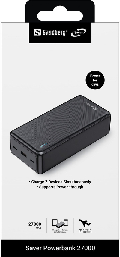 Powerbank Sandberg Saver 27000, 27000 mAh, USB A dhe USB C, e zezë