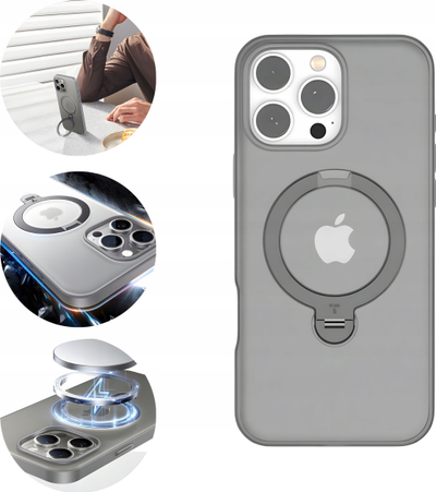 Futrollë TORRAS Ostand Spin për iPhone 16 Pro, me unazë mbajtëse, gri