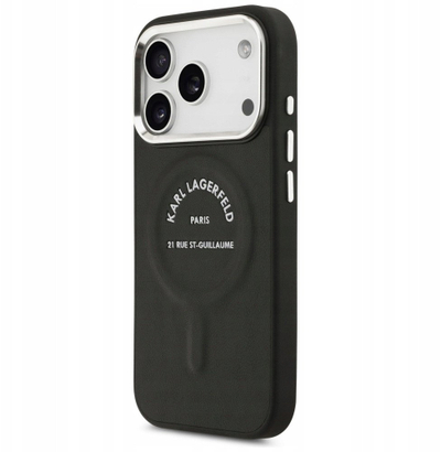 Kapak telefoni Karl Lagerfeld Leather Karl RSG Logo MagSafe për iPhone 17 Pro, lëkurë, i zi