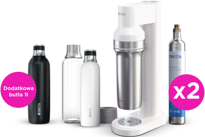 Aparat ujë me gaz Brita sodaTRIO, set me cilindër CO₂ shtesë, shishe termo 1L, i bardhë