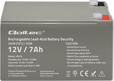 Bateri AGM Qoltec Security, 12V, 7Ah, gri