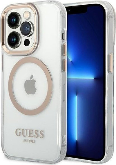 Kapak telefoni Guess GUHMP14LHTRMD për iPhone 14 Pro 6.1", Metal Outline, MagSafe, plastik i tejdukshëm me ngjyrë ari