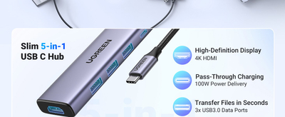 Hub USB C Ugreen 15596, 5 në 1, HDMI 4K, 100W PD, gri