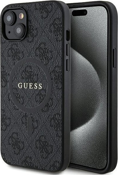 Kuti telefoni Guess 4G Collection Leather Metal Logo MagSafe, për iPhone 15 Plus 14 Plus, e zezë