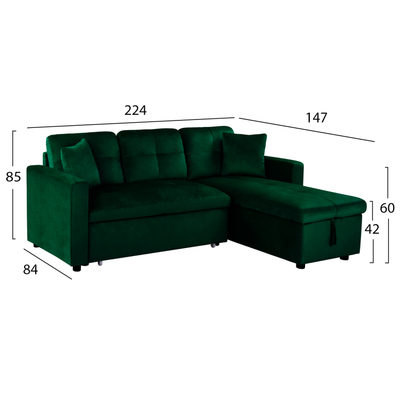 Divan këndor krevati Wayne HM3028.13, 224x147x85 cm, velvet, i gjelbër
