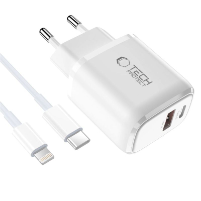 Karikues muri Tech-Protect NCA20, 20W PD QC3.0, me 2 porta USB-A edhe USB-C, i bardhë