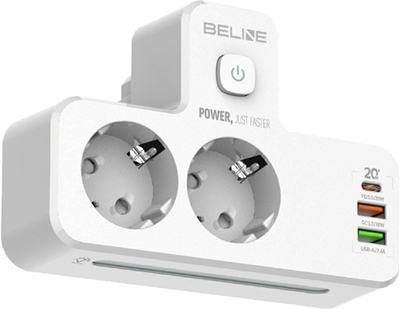 Продолжен кабел Beline Power Strip, 2x USB A, USB C PD 20W, LED, бел