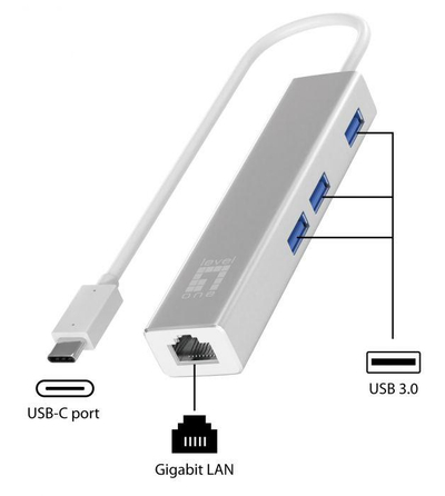 Adapter rrjeti LevelOne USB-0504, USB C, Gigabit, me USB hub