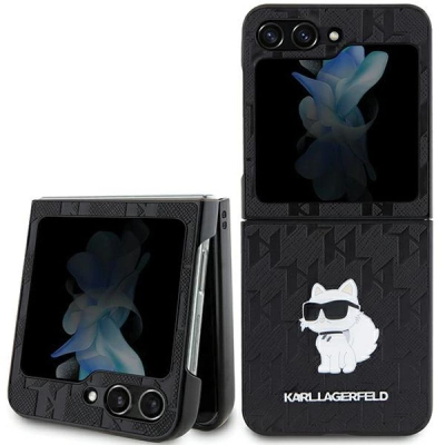 Mbulesë telefoni Karl Lagerfeld Choupette Pin për Samsung Galaxy Z Flip5, Saffiano Monogram, e zezë