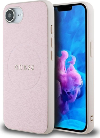 Mbrojtëse telefoni Guess Grained Ring MagSafe, për iPhone 16e, lëkurë ekologjike, rozë