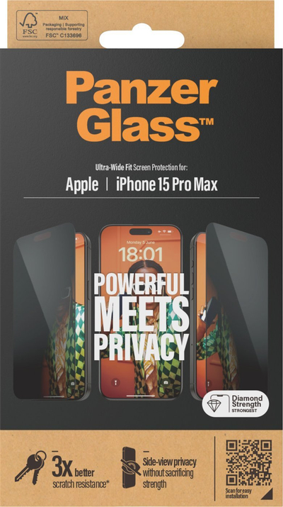 Mbrojtëse ekrani PanzerGlass Privacy, iPhone 15 Pro Max, xham i temperum, Ultra Wide Fit, e zezë