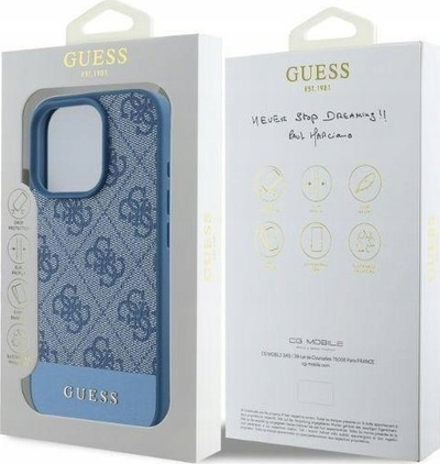 Kapak telefoni Guess 4G PU për iPhone 16 Pro, kornizë e fortë, mbron nga gërvishtjet, blu